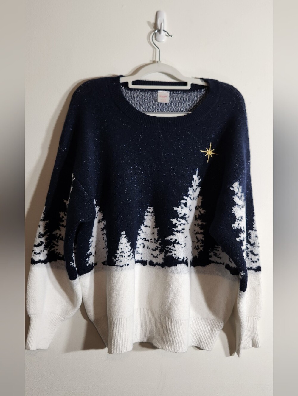 Navy and White Holiday Forest Knit Sweater XL